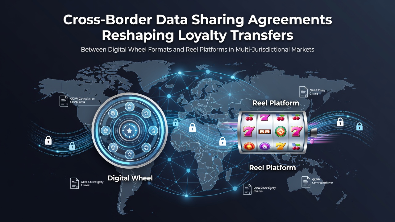 Illustration of interconnected digital roulette wheels and slot reels across global borders with data flow icons