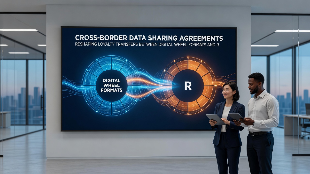 Network diagram showing loyalty point transfers between wheel and reel platforms under international data agreements