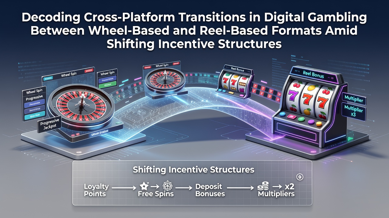 Digital interface showing wheel-based and reel-based gambling formats transitioning on a mobile screen with incentive indicators