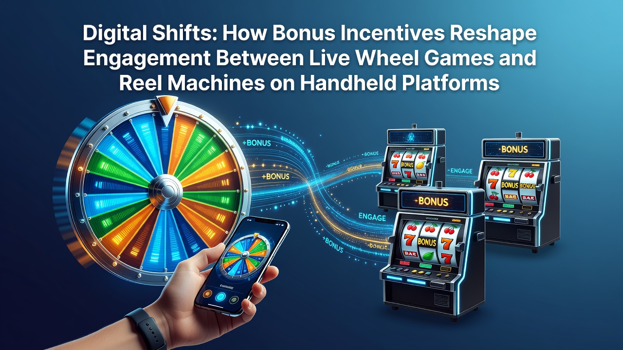Mobile devices displaying live wheel and reel game interfaces side by side with bonus indicators