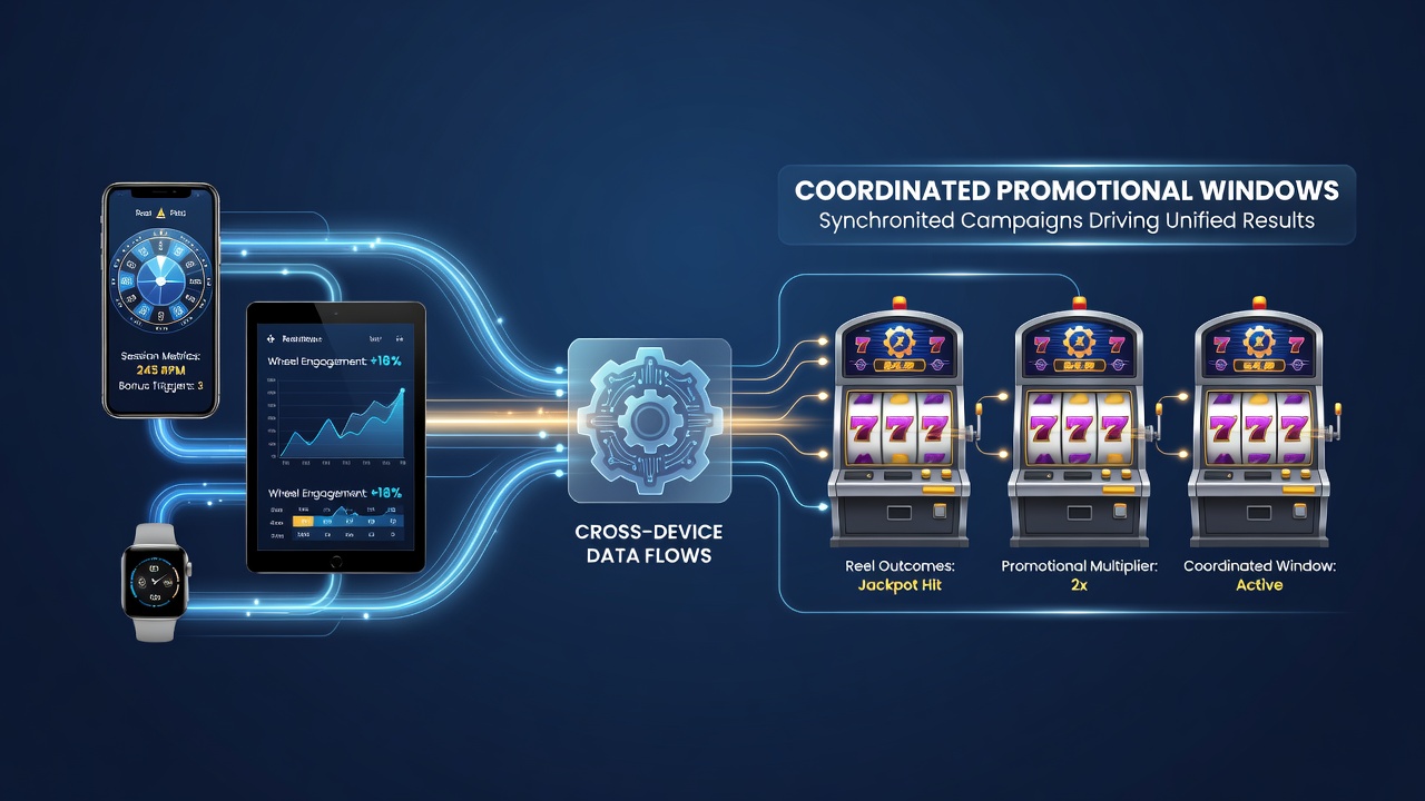 Cross-device data flows connecting wheel session metrics to reel outcomes in casino promotions