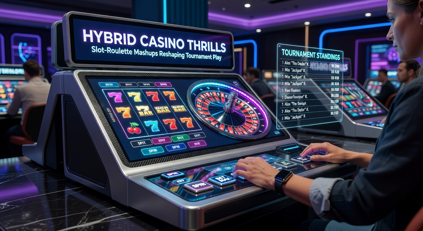 Vibrant digital display of a hybrid slot-roulette game interface during a high-stakes tournament, showing spinning reels merged with a roulette wheel