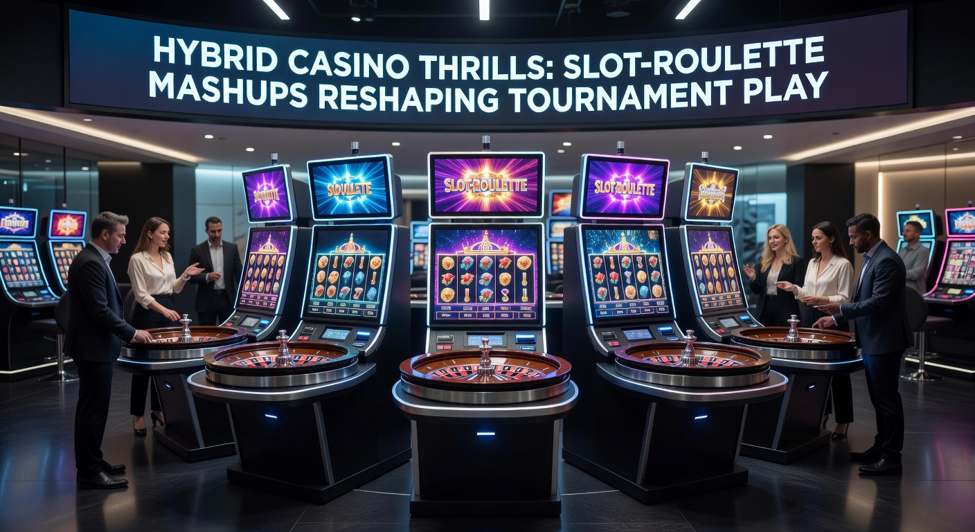 Crowd at a bustling casino tournament hall cheering as giant screens display a slot-roulette hybrid leaderboard, with players at terminals in intense focus