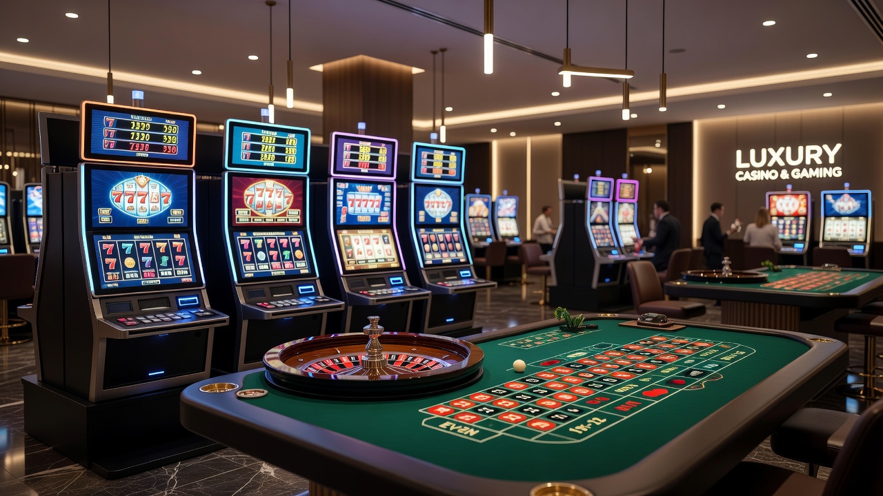Close-up of spinning roulette wheel next to digital slot interface