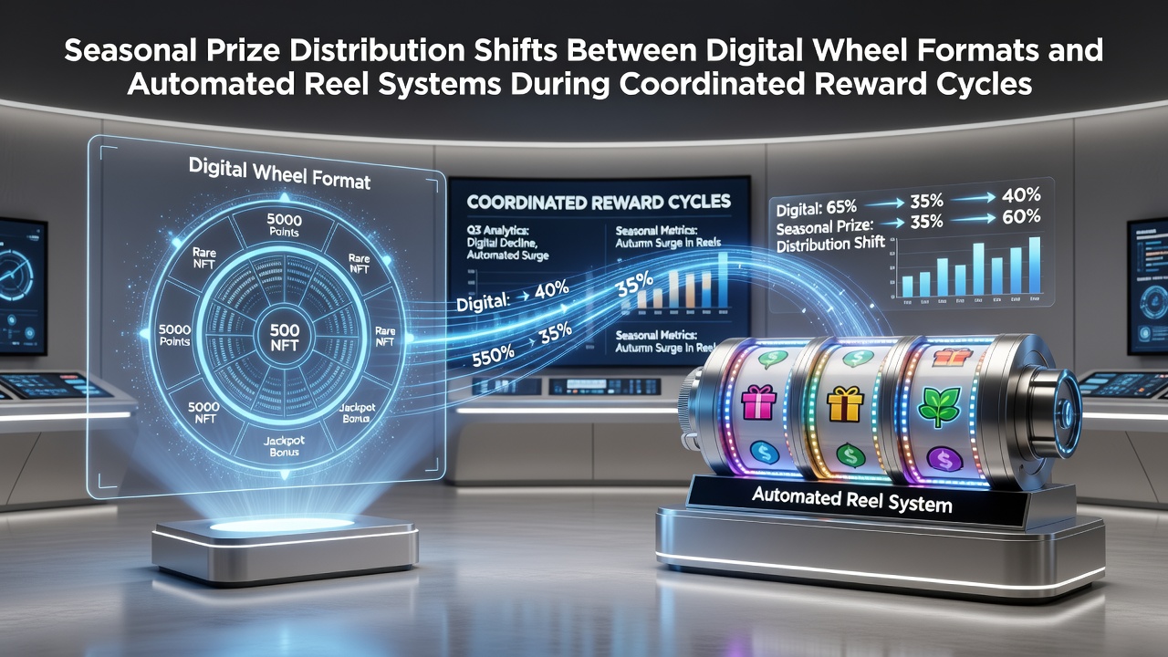 Digital wheel and automated reel systems displaying seasonal prize allocations during coordinated reward events