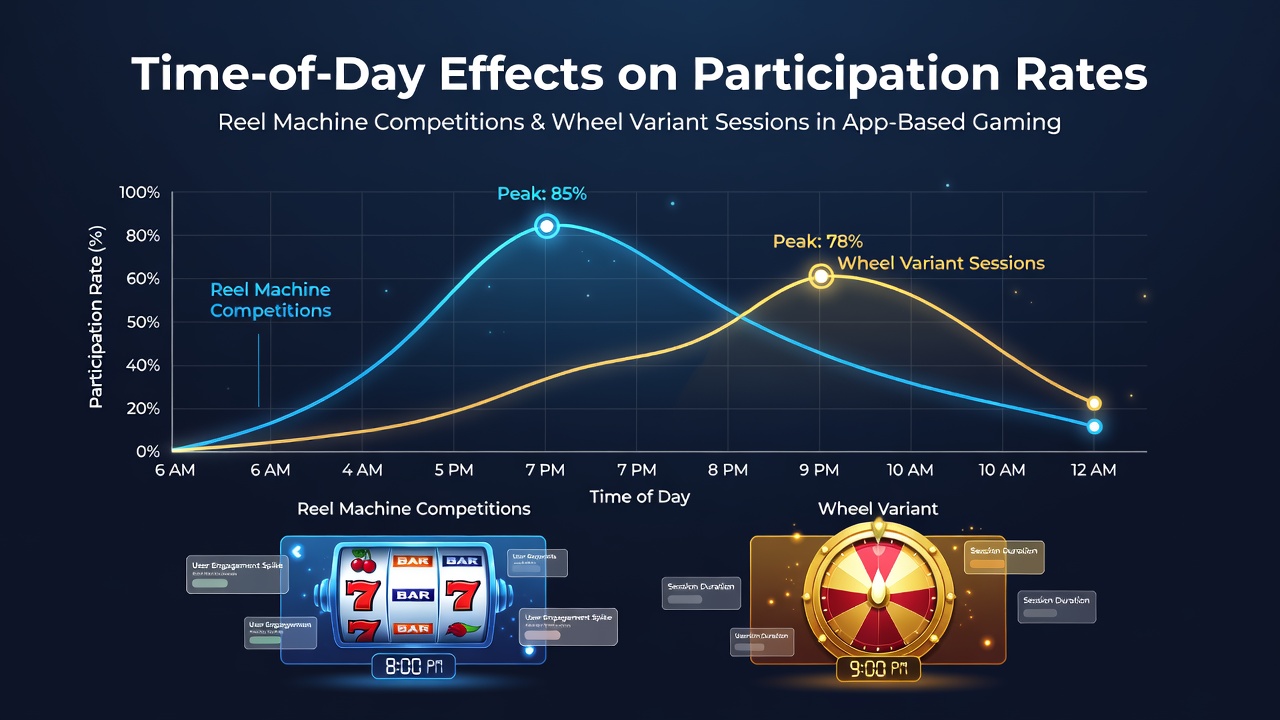 Mobile gaming interface showing reel machine and wheel variant sessions with time-of-day participation indicators